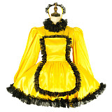 Lockable Yellow Satin Sissy Maid Dress with Black Lace [G2012]