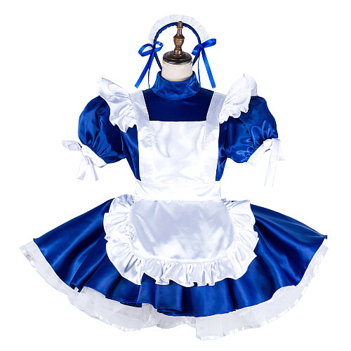 Lockable Blue Satin Sissy Maid Dress with White Ruffled Apron [G2032]