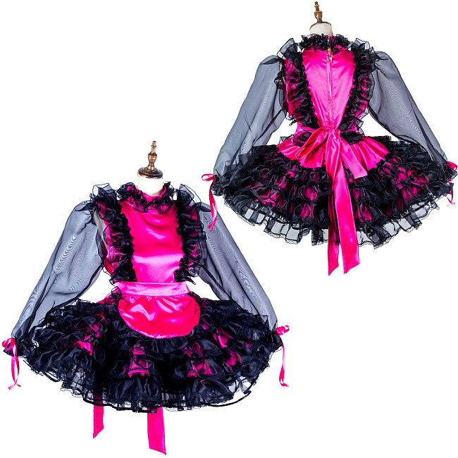 Handmade Lockable Pink & Black Sissy Maid Dress – Satin & Organza Crossdressing Outfit [G2009]