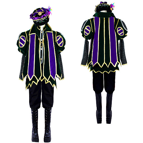 Handmade Velvet Venetian Carnival Medieval Gown Jester Costume in Green and Purple [G1878]