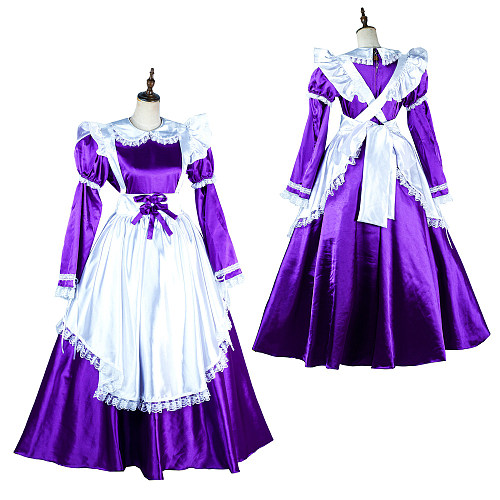 Handmade Lockable Purple & White Long Sissy Maid Dress – Satin Crossdressing Outfit [G2004]