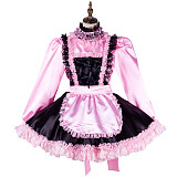 Handmade Lockable Pink & Black Satin Sissy Maid Dress – Crossdressing Outfit with Apron [G2011]