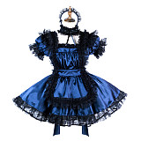 Handmade Navy Blue & Black Sissy Maid Dress – Satin Crossdressing Outfit [G2006]
