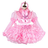 Lockable Pink Satin and Organza Sissy Maid Dress with Bows and Ruffles [G2014]
