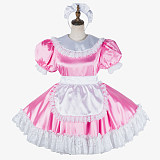 Lockable Pink Satin Sissy Maid Dress with White Lace Apron [G2033]