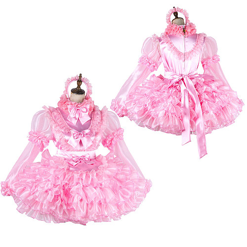 Lockable Pink Satin and Organza Sissy Maid Dress with Bows and Ruffles [G2014]