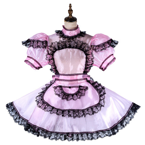 Lockable Pink Organza Sissy Maid Dress with Black Lace [G2015]