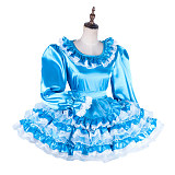 Lockable Blue Satin Sissy Maid Dress with White Lace [G2016]
