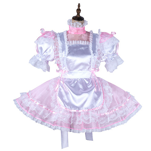 Lockable Pink Organza Sissy Maid Dress with White Satin Apron [G2017]