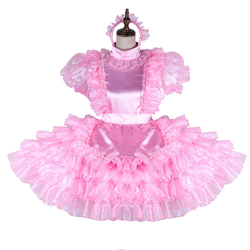 Handmade Lockable Pink Sissy Maid Dress – Organza Crossdressing Outfit [G1988]