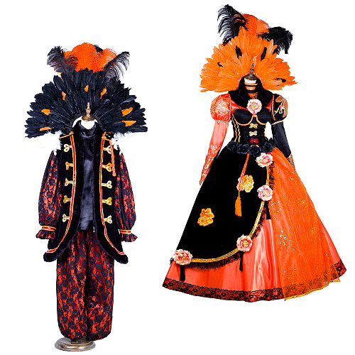 Handmade Satin Venetian Carnival Medieval Gown Men’s Costume in Black and Red with Feather Headpiece [G1880]