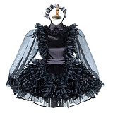 Lockable Black Satin and Organza Sissy Maid Dress with Ruffles [G2013]