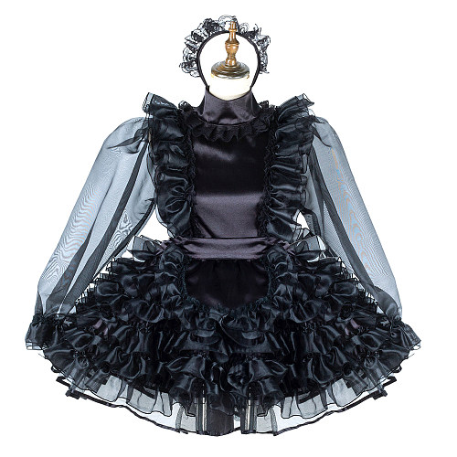 Lockable Black Satin and Organza Sissy Maid Dress with Ruffles [G2013]