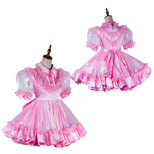 Lockable Pink Satin and Organza Sissy Maid Dress with Puff Sleeves [G2018]