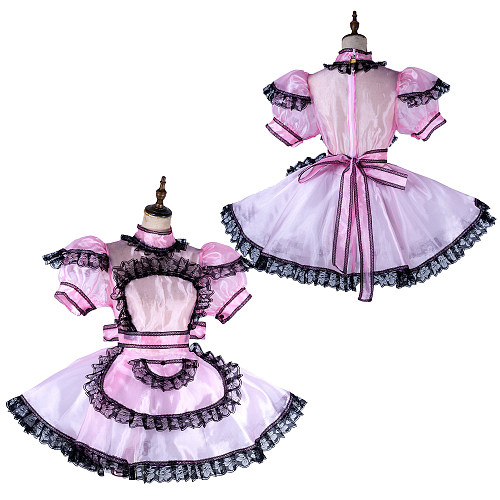 Lockable Pink Organza Sissy Maid Dress with Black Lace [G2015]