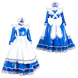 Handmade Lockable Blue & White Long Sissy Maid Dress – Thin PVC Crossdressing Outfit [G1996]