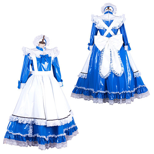 Handmade Lockable Blue & White Long Sissy Maid Dress – Thin PVC Crossdressing Outfit [G1996]