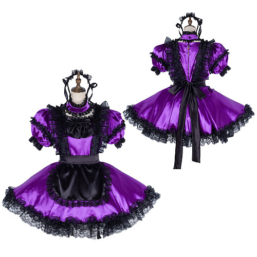 Handmade Lockable Purple & Black Sissy Maid Dress – Satin Crossdressing Outfit [G1990]