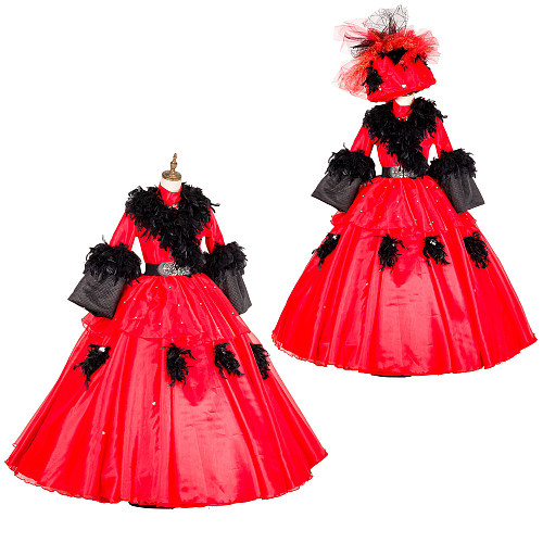 Handmade Satin Venetian Carnival Medieval Gown in Red with Black Feathers [G1881]