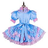 Handmade Lockable Blue & Pink Sissy Maid Dress – Satin Crossdressing Outfit [G1992]