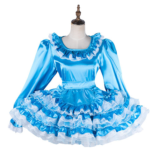 Lockable Blue Satin Sissy Maid Dress with White Lace [G2016]