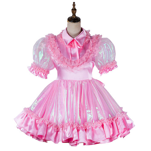 Lockable Pink Satin and Organza Sissy Maid Dress with Puff Sleeves [G2018]