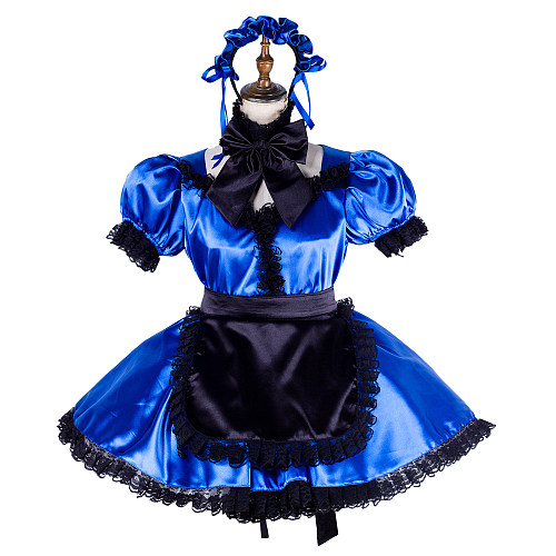 Handmade Lockable Blue & Black Sissy Maid Dress – Satin Crossdressing Outfit [G1999]