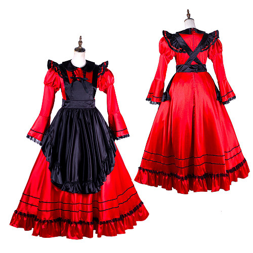 Handmade Lockable Red & Black Long Sissy Maid Dress – Satin Crossdressing Outfit [G2005]