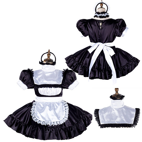 Lockable Black Satin Sissy Maid Dress with White Apron [G2020]