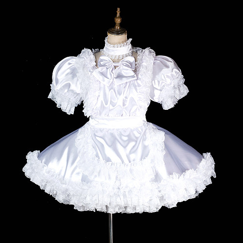 Handmade Lockable White Sissy Maid Dress – Satin Crossdressing Outfit [G1997]
