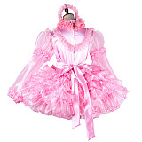 Lockable Pink Satin and Organza Sissy Maid Dress with Bows and Ruffles [G2014]