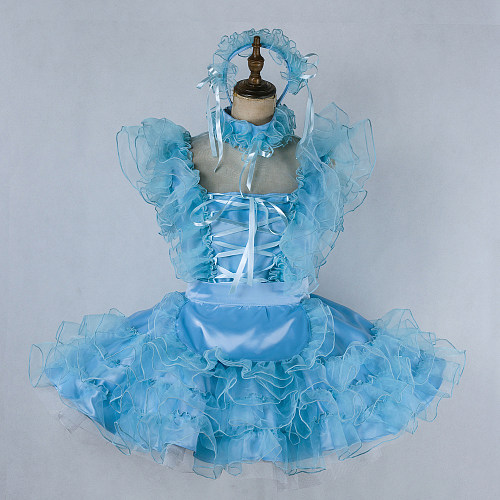 Lockable Blue Satin and Organza Sissy Maid Dress with Apron [G2021]