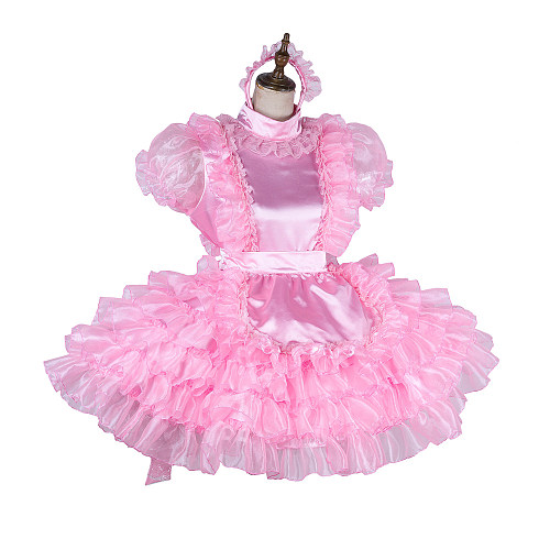 Handmade Lockable Pink Sissy Maid Dress – Organza Crossdressing Outfit [G1988]
