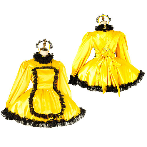 Lockable Yellow Satin Sissy Maid Dress with Black Lace [G2012]
