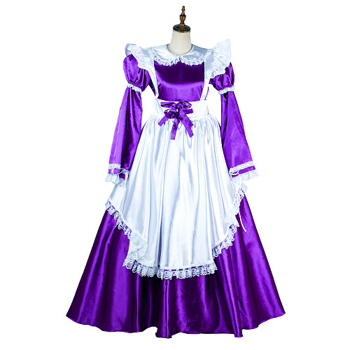 Handmade Lockable Purple & White Long Sissy Maid Dress – Satin Crossdressing Outfit [G2004]
