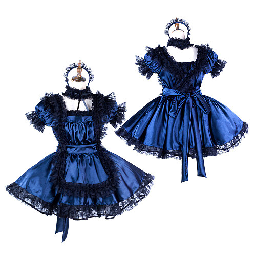 Handmade Navy Blue & Black Sissy Maid Dress – Satin Crossdressing Outfit [G2006]