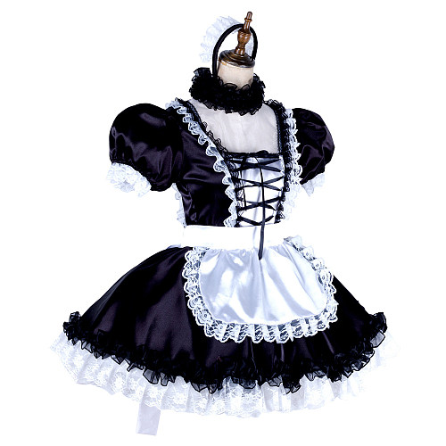 Handmade Lockable Black & White Sissy Maid Dress – Satin Crossdressing Outfit [G1998]