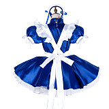Lockable Blue Satin Sissy Maid Dress with White Ruffled Apron [G2032]