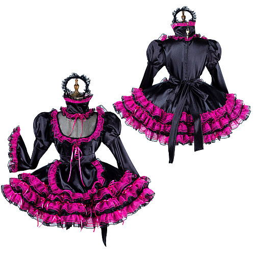Handmade Lockable Black & Pink Sissy Maid Dress – Satin Crossdressing Outfit [G1989]