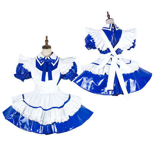 Handmade Lockable Blue & White Sissy Maid Dress – Thin PVC Crossdressing Outfit [G1991]