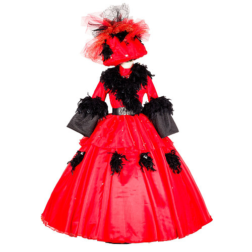 Handmade Satin Venetian Carnival Medieval Gown in Red with Black Feathers [G1881]