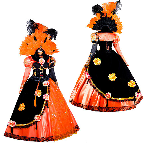 Handmade Satin Venetian Carnival Medieval Gown in Black and Orange with Feather Headpiece [G1879]