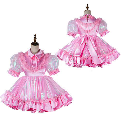 Lockable Pink Satin and Organza Sissy Maid Dress with Ruffles [G2019]