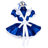 Lockable Blue Satin Sissy Maid Dress with White Ruffled Apron [G2032]