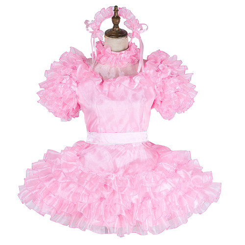 Handmade Lockable Pink Sissy Maid Dress – Organza & Satin Crossdressing Outfit [G1993]