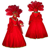 Handmade Satin Venetian Carnival Medieval Gown in Red with Feather Headpiece [G2003]