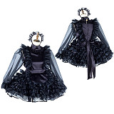 Lockable Black Satin and Organza Sissy Maid Dress with Ruffles [G2013]