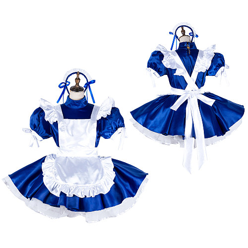 Lockable Blue Satin Sissy Maid Dress with White Ruffled Apron [G2032]
