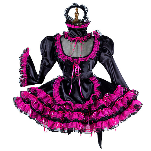 Handmade Lockable Black & Pink Sissy Maid Dress – Satin Crossdressing Outfit [G1989]