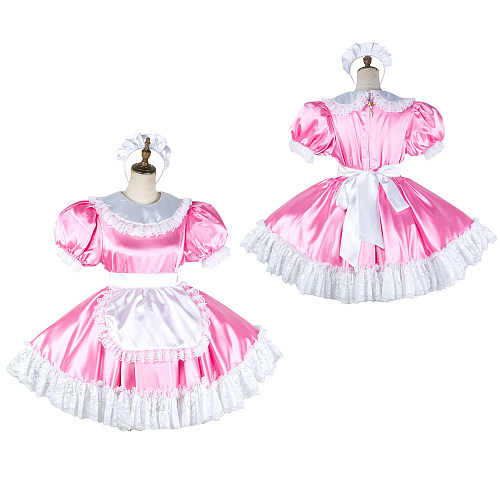 Lockable Pink Satin Sissy Maid Dress with White Lace Apron [G2033]